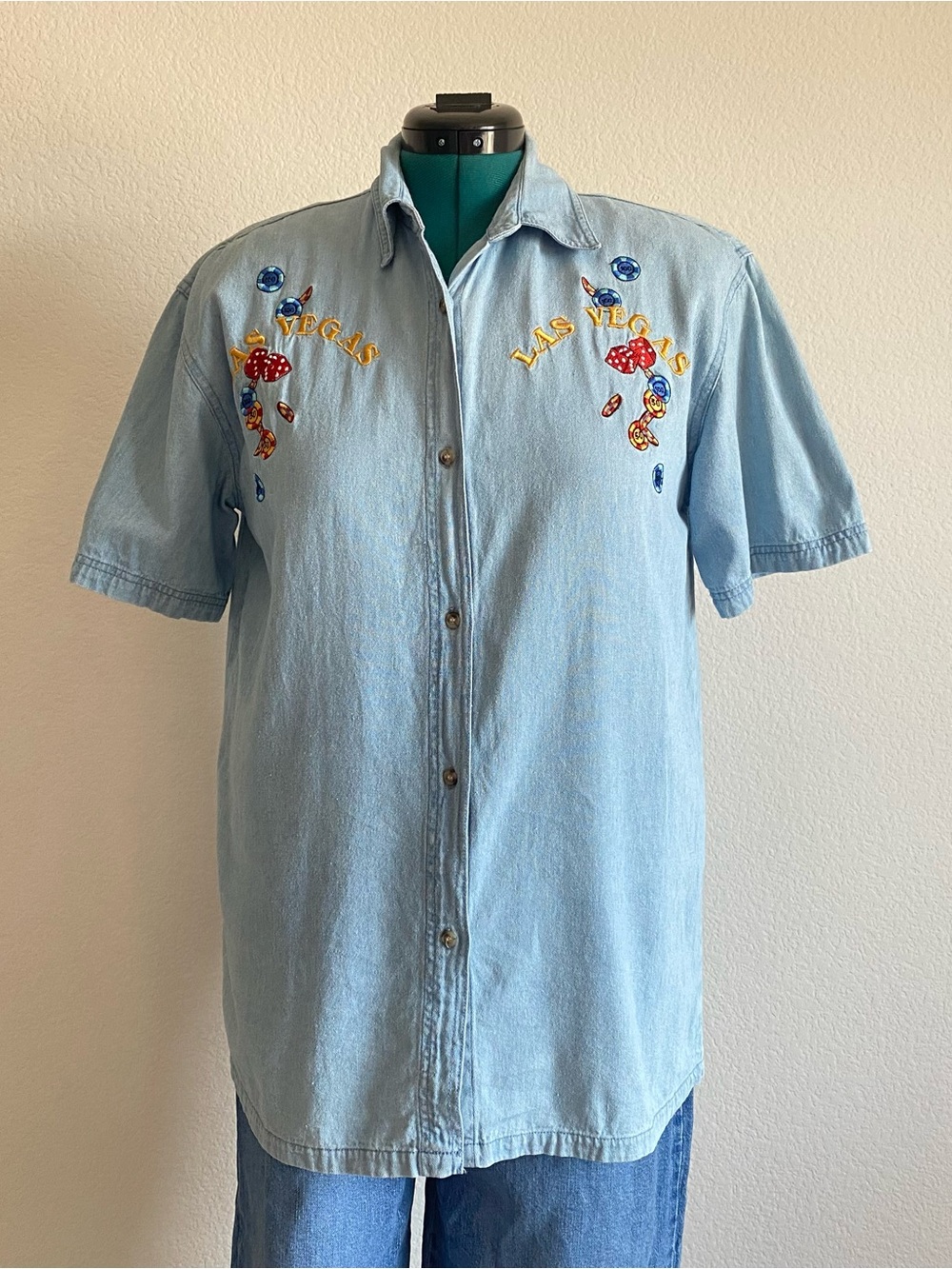 Vintage embroidered Las Vegas lucky denim short sleeve button down, 2XL